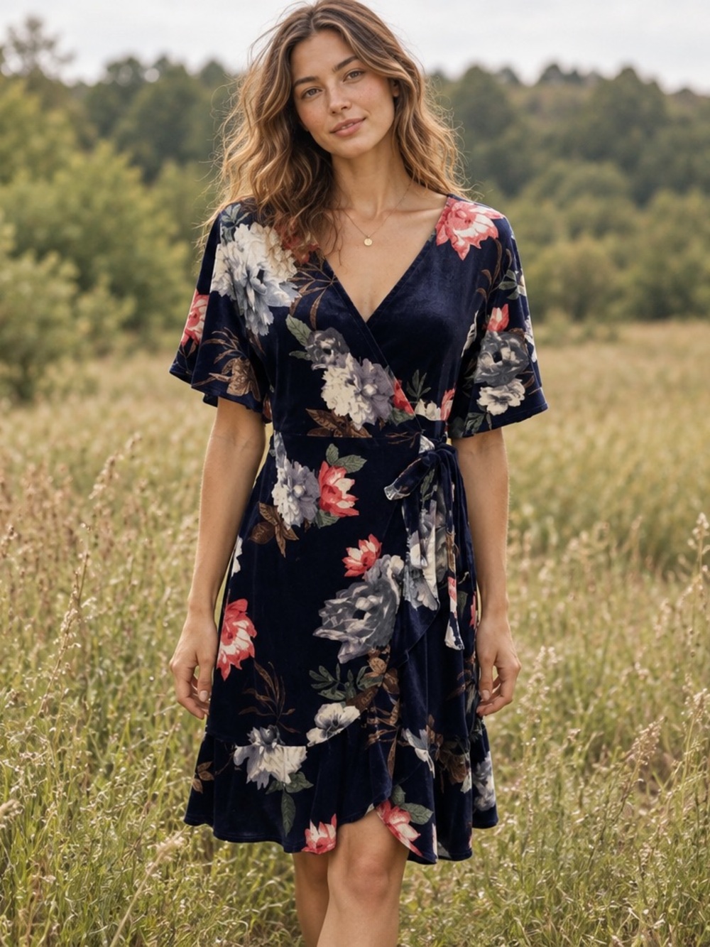 Hummingbird Women’s Floral Wrap Dress Size M Navy Blue Velvet Short Sleeve Boho